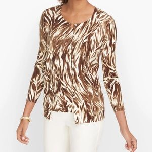 Talbots Charming Cardigan Feathered Waves Print‎ Ivory Multi Size Medium
